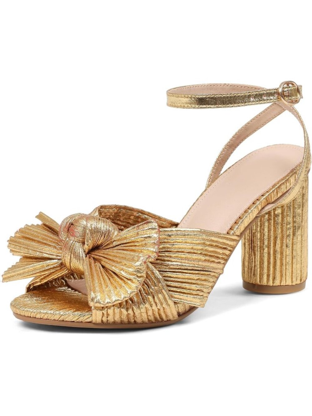 🆕Women's Gold Bow Pleated Heeled Sandals Open Toe Block Chunky Heel